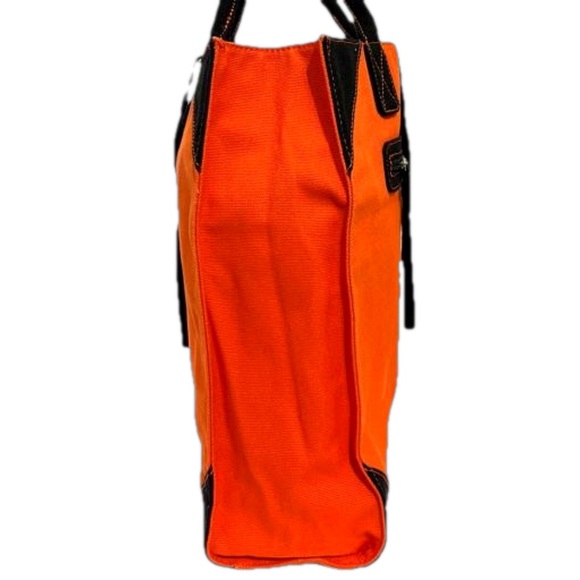 Izak Zenou Orange Canvas Tote Bad with Brown Faux Leather Handles - Picture 5 of 9